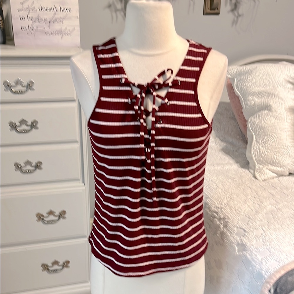 Striped Sleeveless Top Crimson Red and White